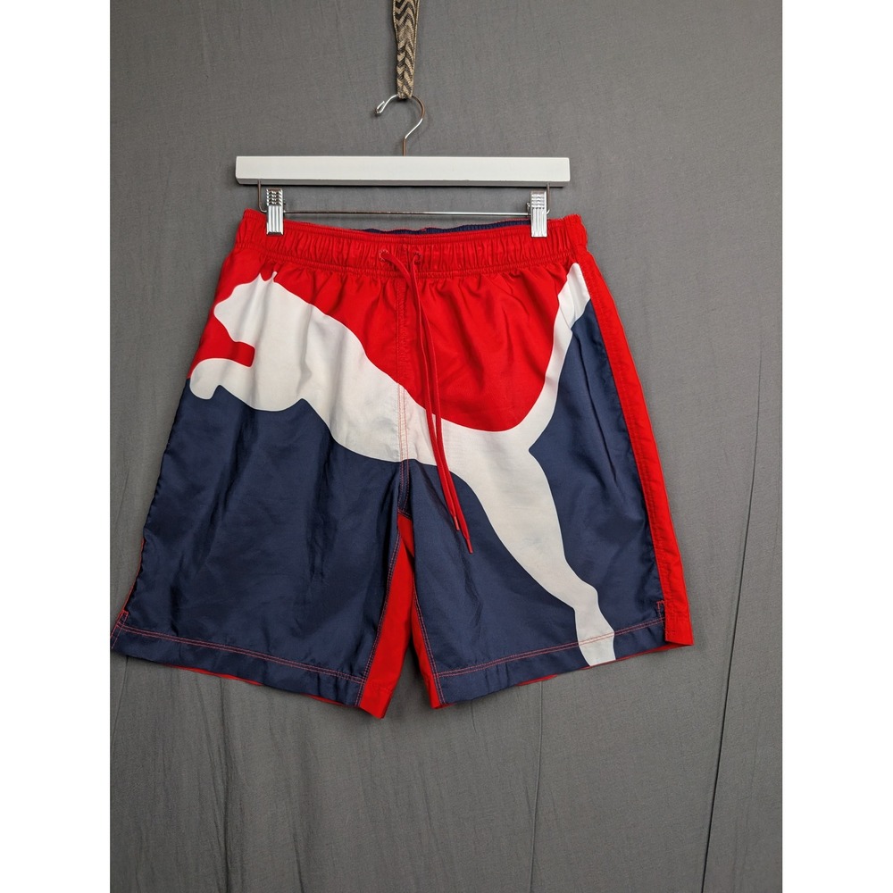 Puma Mens  Medium Red Navy Blue White Oversized Logo Shorts